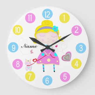 Grande Horloge Ronde Petite fille avec mignon chat multicolore