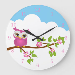 Grande Horloge Ronde Petite fille de hibou sur une serrure murale