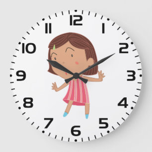 Grande Horloge Ronde Petite Fille Fantaisiste en Robe Rayée Rose