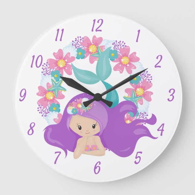 Grande Horloge Ronde Petite fille mignonne Fleurs violettes rose (Recto)