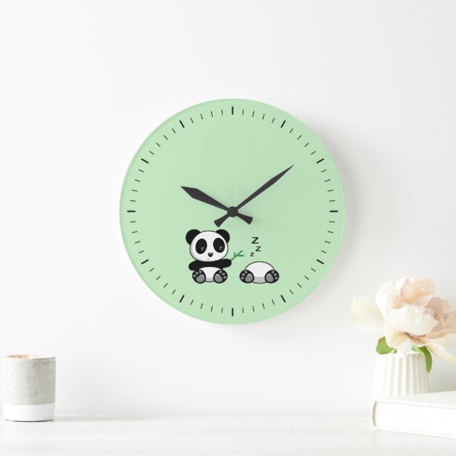 Grande Horloge Ronde Petites pandas mignonnes sur vert (Maison)