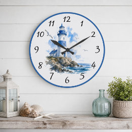 Grande Horloge Ronde Phare Bleu Blanc Maritime