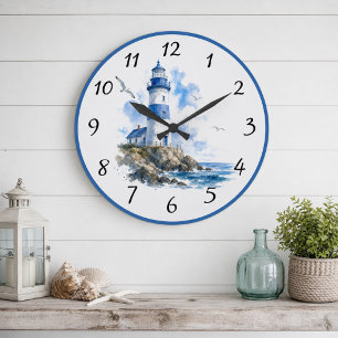 Grande Horloge Ronde Phare Bleu Blanc Maritime