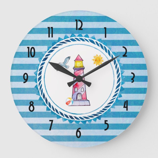 Grande Horloge Ronde Phare d'aquarelle rouge (Recto)