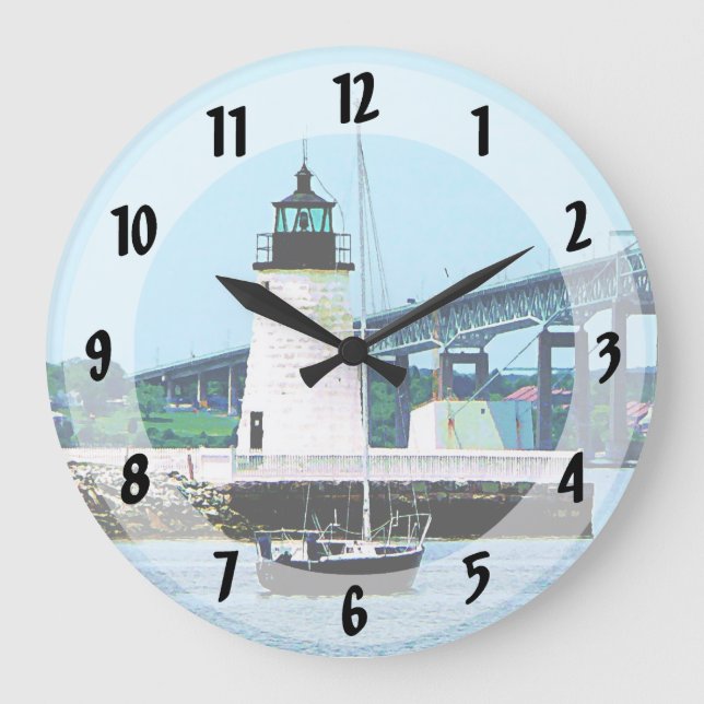 Grande Horloge Ronde Phare, pont et bateaux, Newport, RI (Recto)