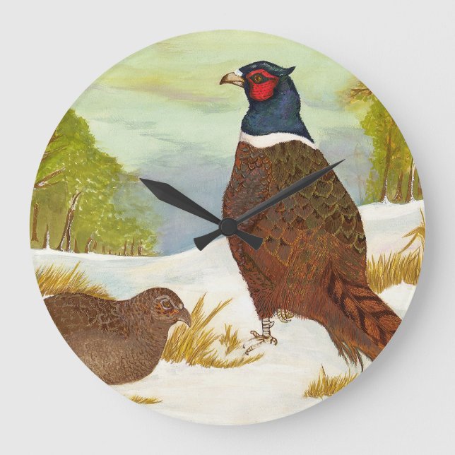 Grande Horloge Ronde Pheasants à Snow Painting Clock (Recto)