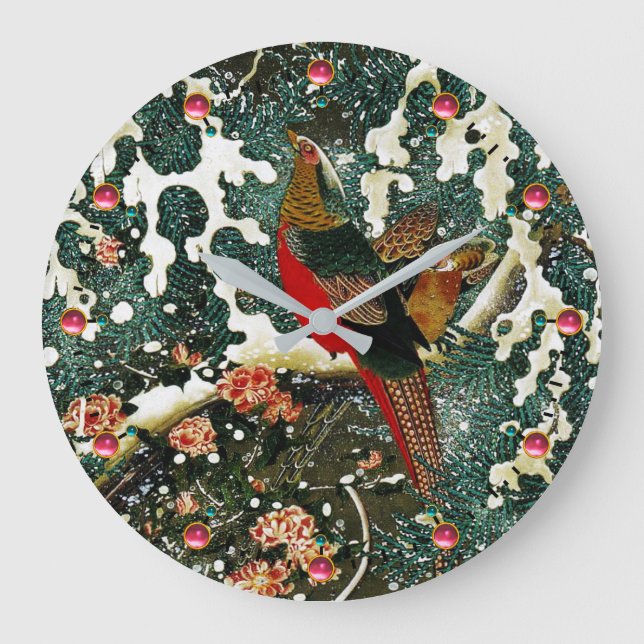 Grande Horloge Ronde Pheasants à Snow, Pine Tree, Roses, Japanese Flora (Recto)
