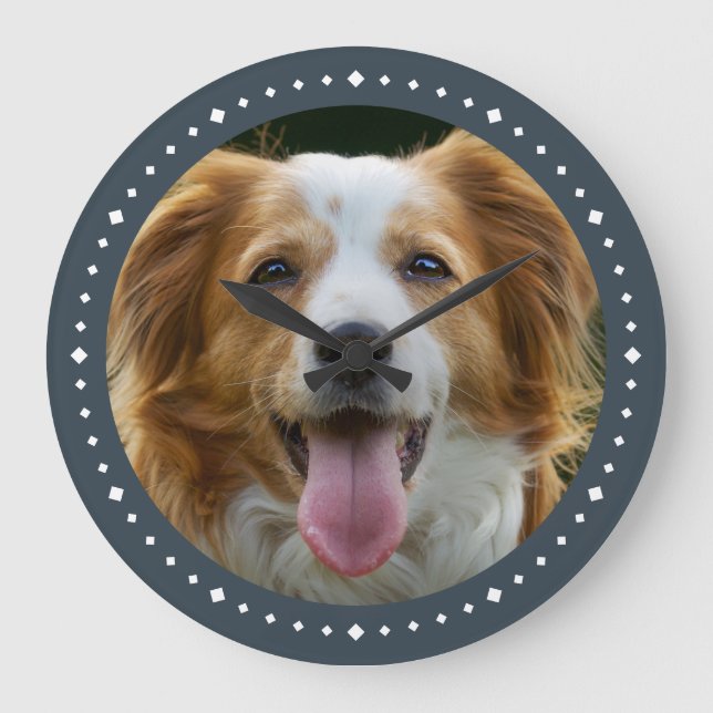 Grande Horloge Ronde Photo Chien personnalisé moderne gris foncé (Recto)
