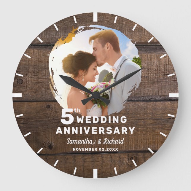 Grande Horloge Ronde Photo de 5e anniversaire de mariage en bois sombre (Recto)