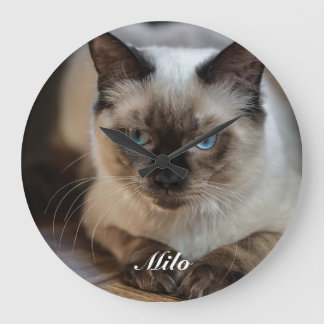 Grande Horloge Ronde Photo de chat Ragdoll personnalisé avec nom