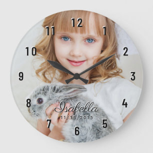 Grande Horloge Ronde Photo de Custom Birth Date Black Numbers