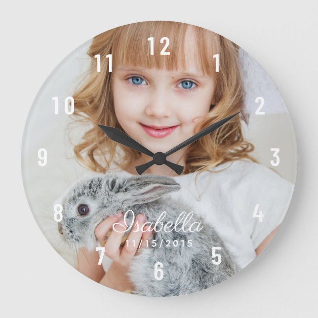 Grande Horloge Ronde Photo de Custom Birth Date White Large Clock (Recto)