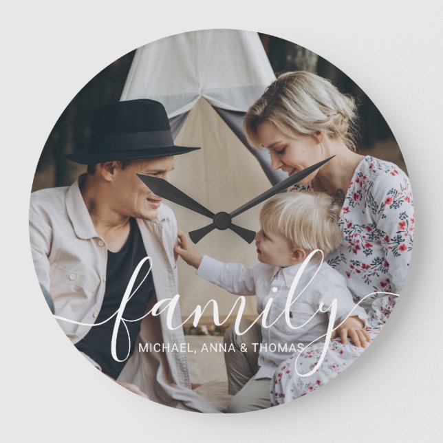 Grande Horloge Ronde Photo de famille personnalisée avec nom personnali (Recto)