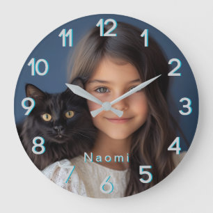 Grande Horloge Ronde Photo et nom personnalisés en bleu
