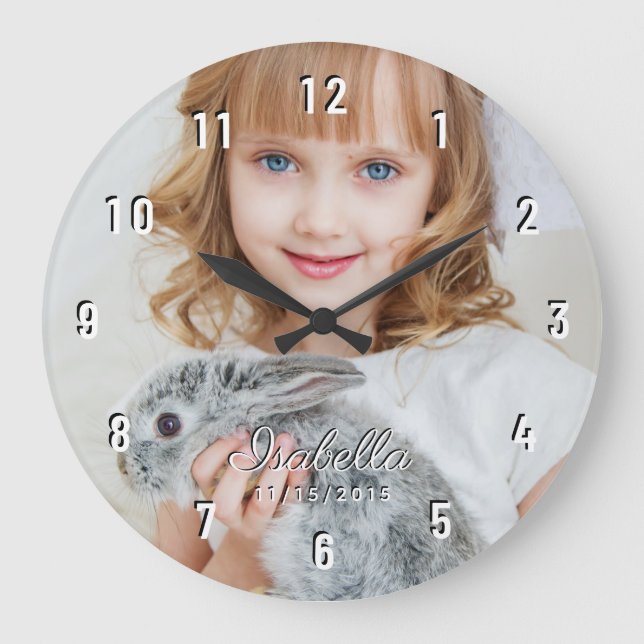 Grande Horloge Ronde Photo personnalisé Nom Date de naissance Chiffres  (Recto)