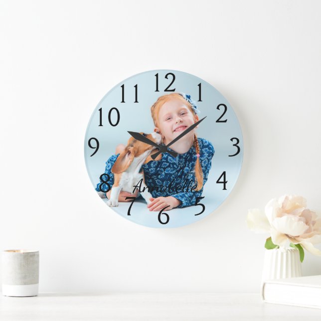 Grande Horloge Ronde Photo personnalisée et nom (Maison)