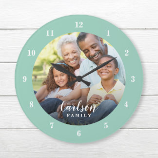 Grande Horloge Ronde Photo personnalisée et nom de famille Personnalisé