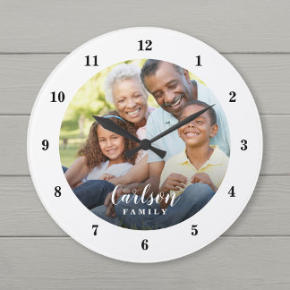 Grande Horloge Ronde Photo personnalisée et nom de famille Personnalisé