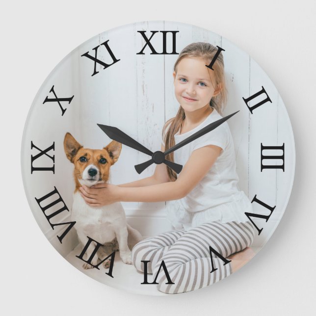 Grande Horloge Ronde Photo personnalisée Noir chiffres romains (Recto)