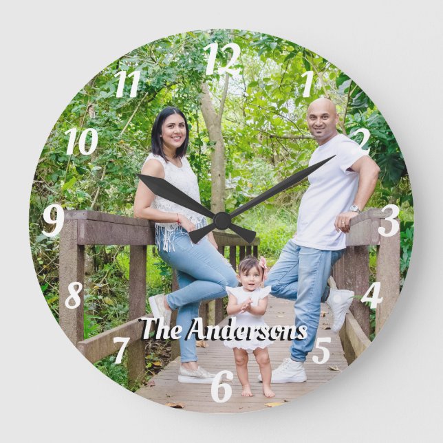 Grande Horloge Ronde Photo personnalisée nom lettres blanches (Recto)