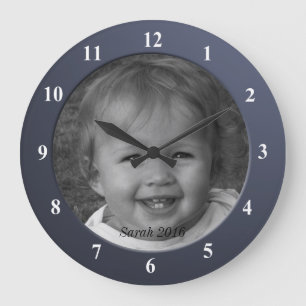 Grande Horloge Ronde Photo personnalisée personnelle et cadre bleu text