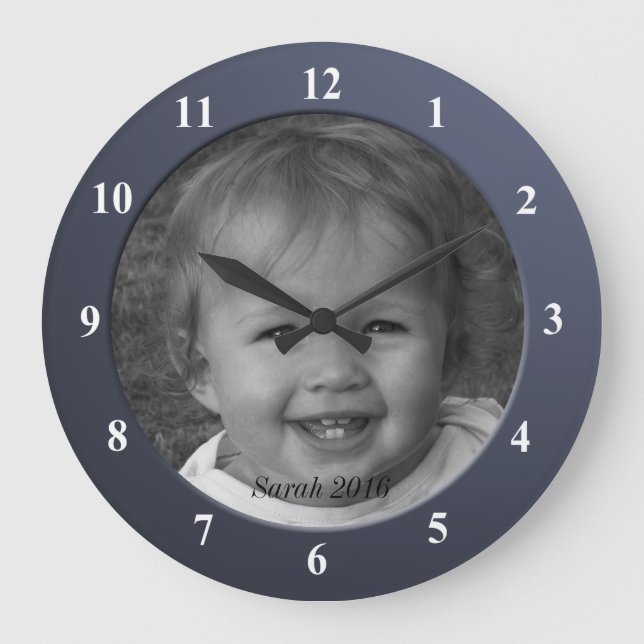 Grande Horloge Ronde Photo personnalisée personnelle et cadre bleu text (Recto)