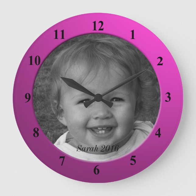 Grande Horloge Ronde Photo personnalisée personnelle et cadre rose text (Recto)
