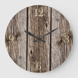 Grande Horloge Ronde Photo réaliste Rustique, Patiné Bois Board