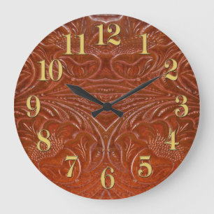 Grande Horloge Ronde Photo Rustic Tooled, Design en cuir