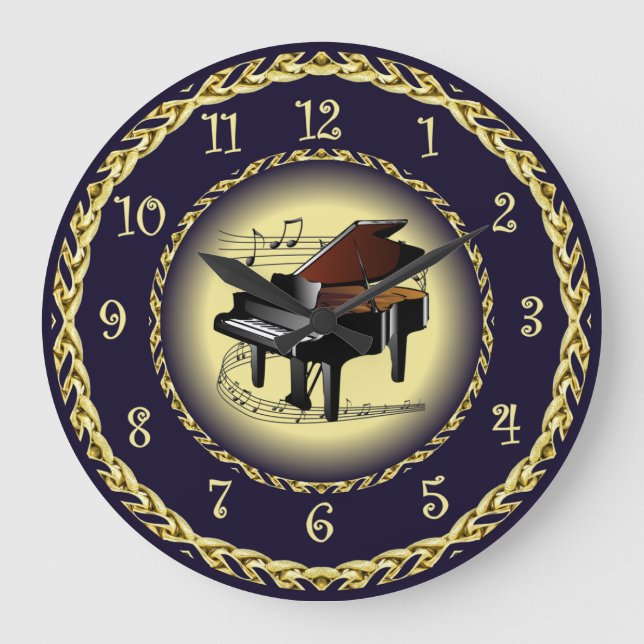 Grande Horloge Ronde Piano Musical Scroll ~ Gold et Navy Blue ~ (Recto)