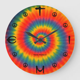Grande Horloge Ronde Pièce murale spirale de paix en couleur Tie Dye