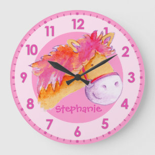 Grande Horloge Ronde Pièce orange rose de filles de poney appelée