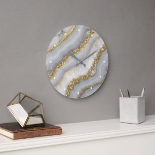 Grande Horloge Ronde Pierre blanche et or Liquide Lune Personnalisée