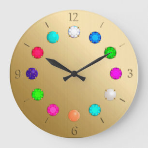 Grande Horloge Ronde Pierres de pierres précieuses multicolores sur or