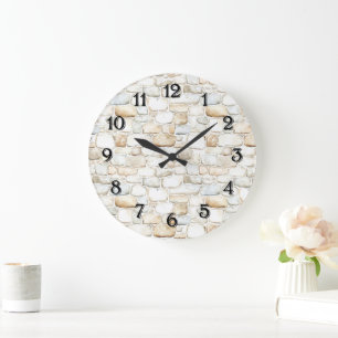 Grande Horloge Ronde Pierres Fausse Grises Blanc Crème