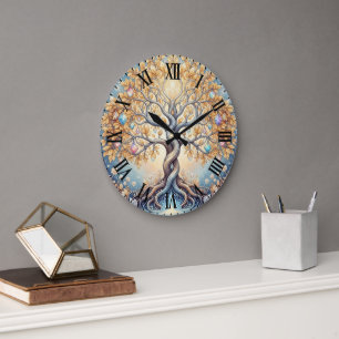 Grande Horloge Ronde Pierres précieuses de cristal d'arbre doré magique
