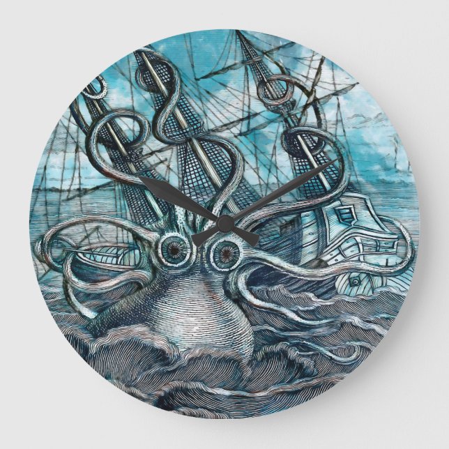 Grande Horloge Ronde Pieuvre géante Mer Bleue Monstre Voilier (Recto)