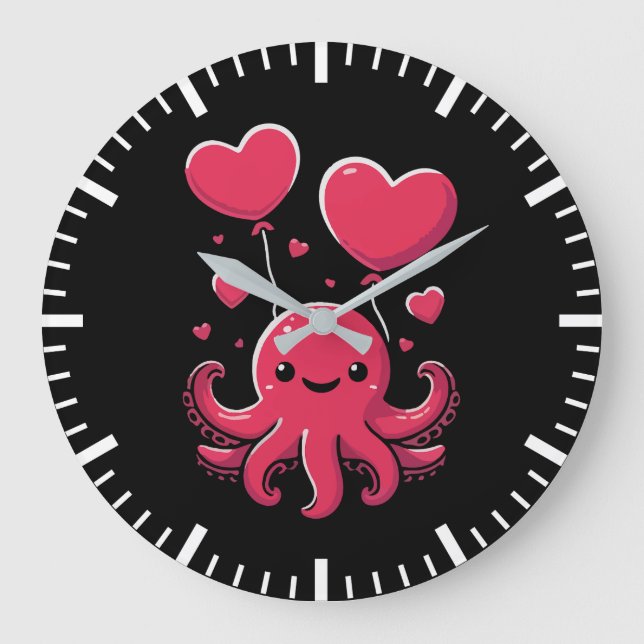 Grande Horloge Ronde Pieuvre mignonne aux ballons de coeur, Saint-Valen (Recto)