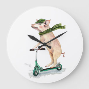 Grande Horloge Ronde Piggy sur scooter
