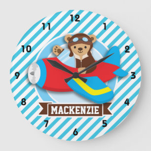 Grande Horloge Ronde Pilote d'ours de nounours dans l'avion rouge de
