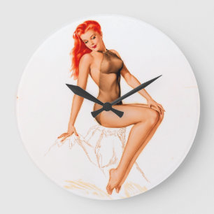 Grande Horloge Ronde Pin rouge Art déco vers le haut