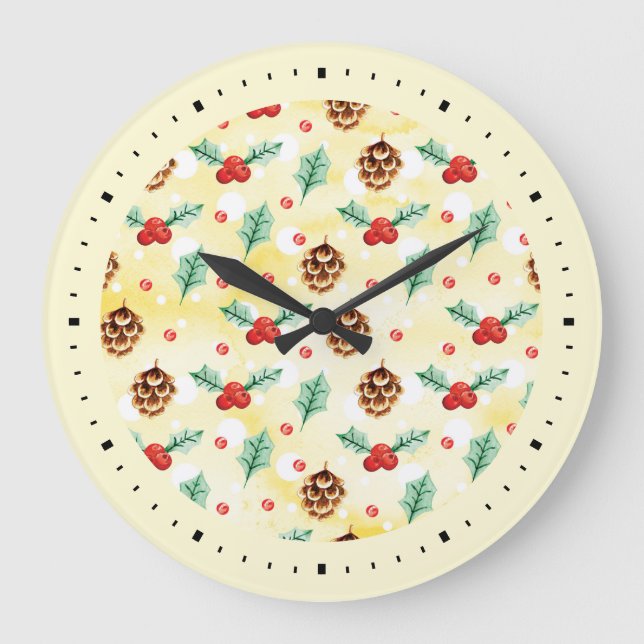 Grande Horloge Ronde Pine Cones et Motif de Noël Holly (Recto)