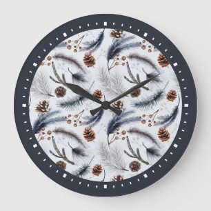 Grande Horloge Ronde Pine Cones & Pine Needles Aquarelles Motif