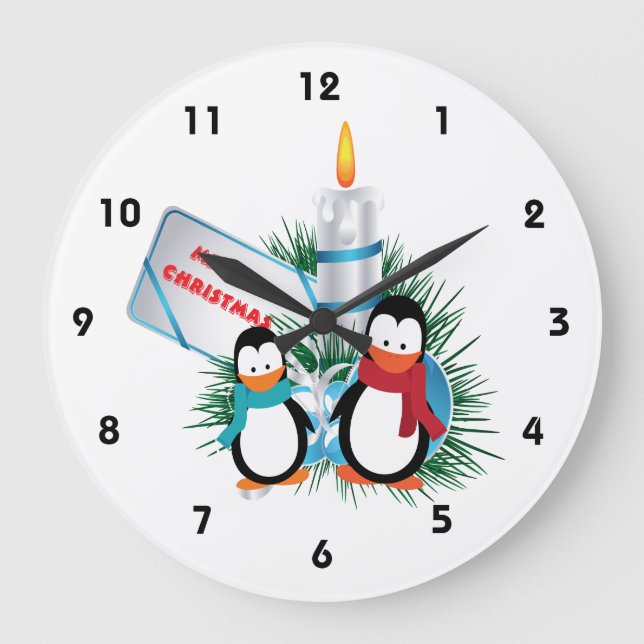 Grande Horloge Ronde Pingouins et bougies Noël coutume (Recto)