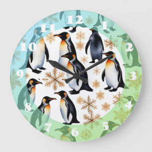 Grande Horloge Ronde Pingouins et flocons de neige Noël et Nouvel An