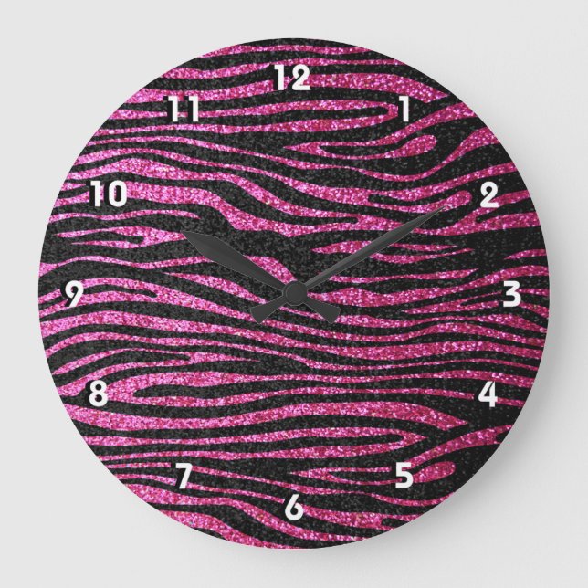 Grande Horloge Ronde Pink and Black Zebra Print bling (faux glitter) (Recto)