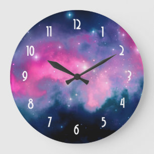 Grande Horloge Ronde Pink & Blue Galaxy & Stars Abstract