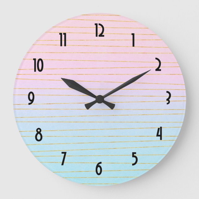Grande Horloge Ronde Pink Blue Pastel dégradé avec Gold Lines (Recto)