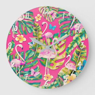 Grande Horloge Ronde Pink Flamingos Tropical Botanical Butterfly