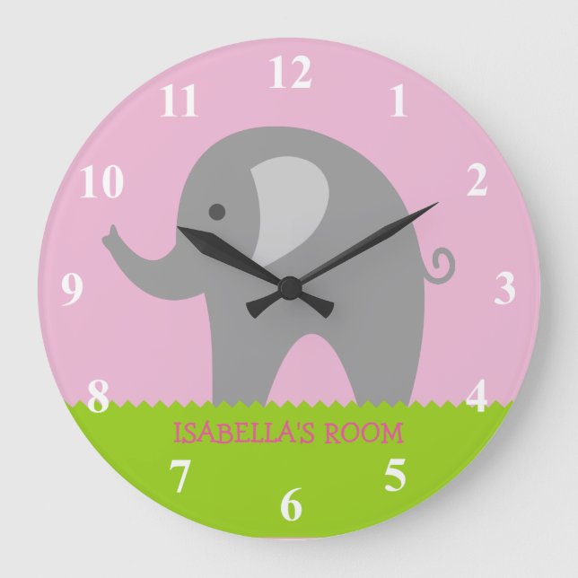 Grande Horloge Ronde Pink gray elephant nursery big clock for girl (Recto)